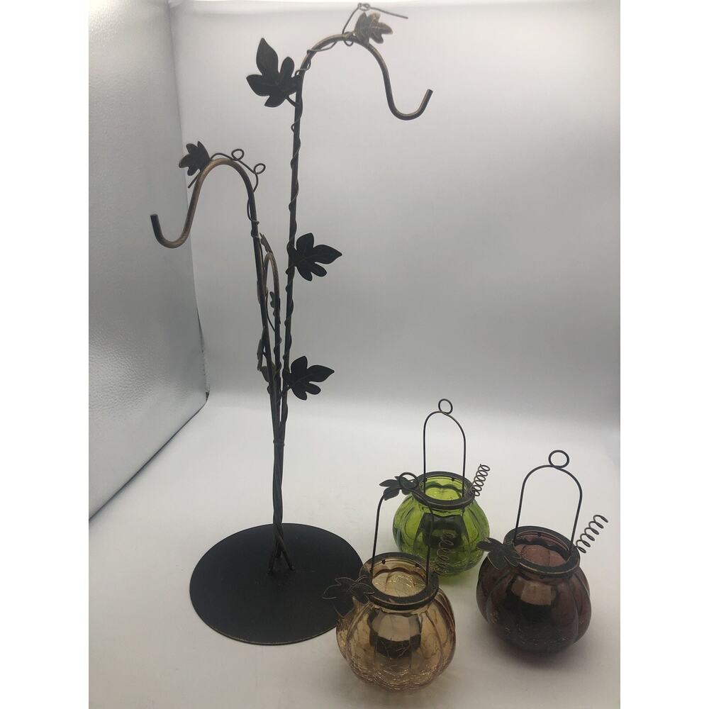 Metal Leaves Candle holders with Tri-color Crack Designed Glasses 18”Tall - Picture 3 of 12